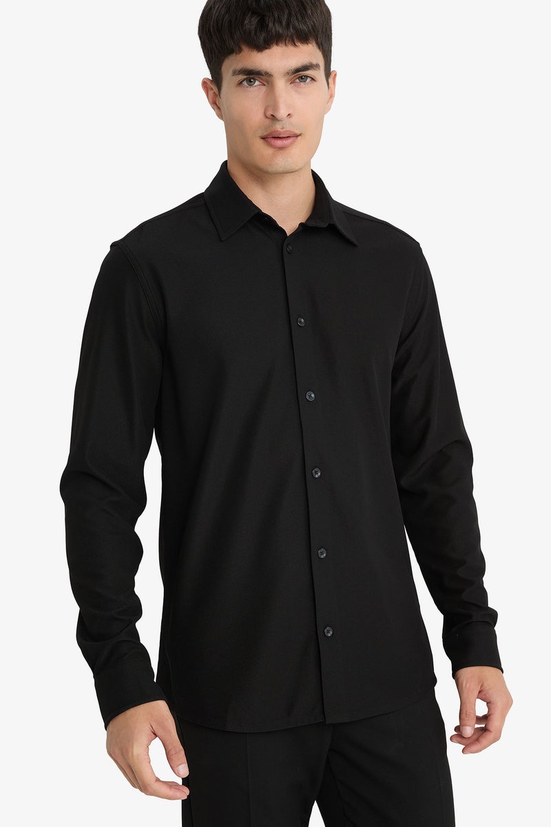 DeFacto Black Man Slim Fit Polo Collar Long Sleeve Shirt Casual - Image 3