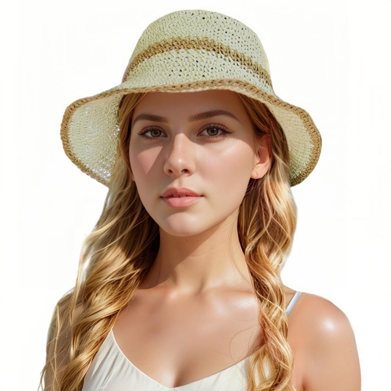 Askljeby Womens Sun Hats Wide Brim Summer Beach Hat for Women Foldable Bucket Fedora Handmade Crochet Straw Hat Packable UPF50,Beige-Khaki - Image 1