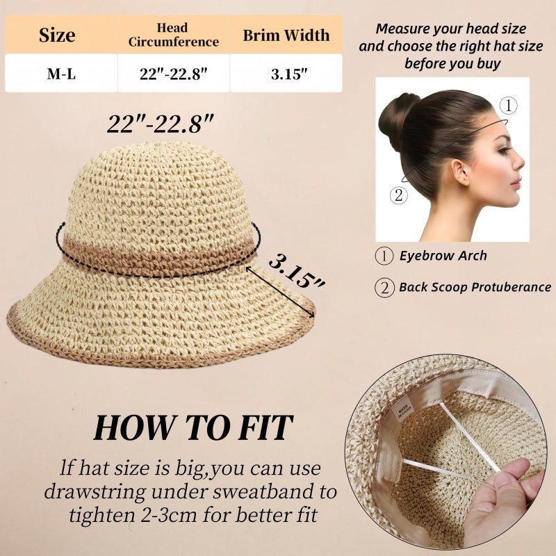 Askljeby Womens Sun Hats Wide Brim Summer Beach Hat for Women Foldable Bucket Fedora Handmade Crochet Straw Hat Packable UPF50,Beige-Khaki - Image 2