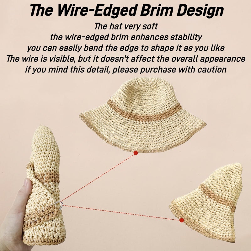 Askljeby Womens Sun Hats Wide Brim Summer Beach Hat for Women Foldable Bucket Fedora Handmade Crochet Straw Hat Packable UPF50,Beige-Khaki - Image 5