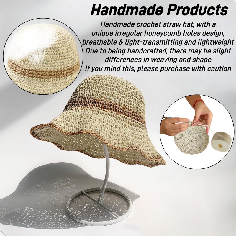 Askljeby Womens Sun Hats Wide Brim Summer Beach Hat for Women Foldable Bucket Fedora Handmade Crochet Straw Hat Packable UPF50,Beige-Khaki - Image 4