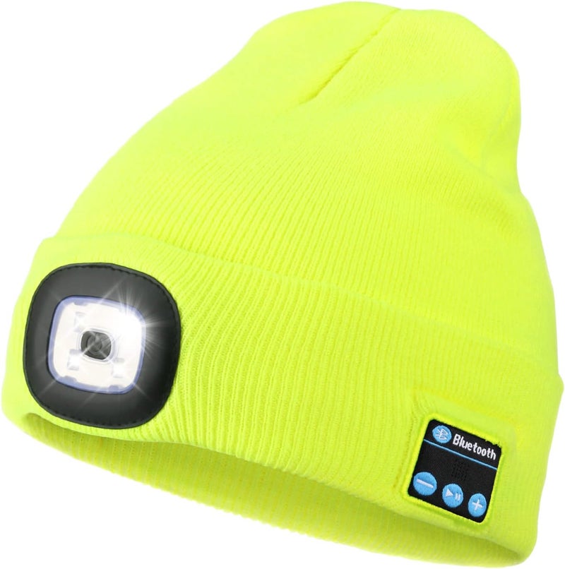Wmcaps Bluetooth Beanie with a Light, Unisex USB Rechargeable 4 LED Fashlight Hat with Cordless Headphones, Unique Christmas Birthday Gifts for Men Him Husband Teen Fluorescent Yellow - Image 1