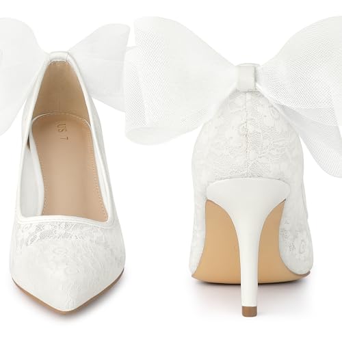 Perphy Pointed Toe Bow Bridal White Wedding Shoes White Lace Heels Pumps for Women 7 M US - Image 2