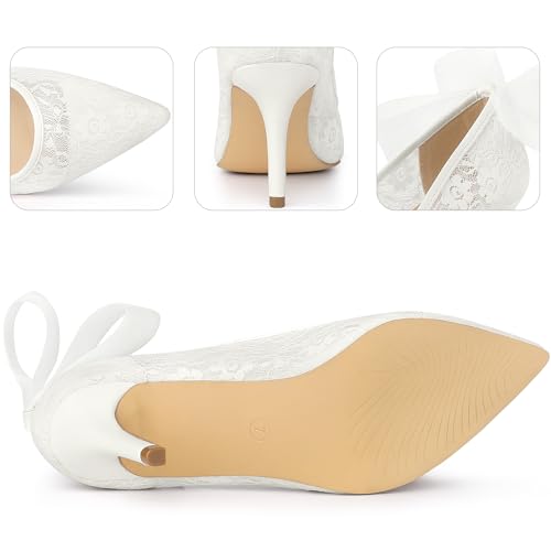 Perphy Pointed Toe Bow Bridal White Wedding Shoes White Lace Heels Pumps for Women 7 M US - Image 3