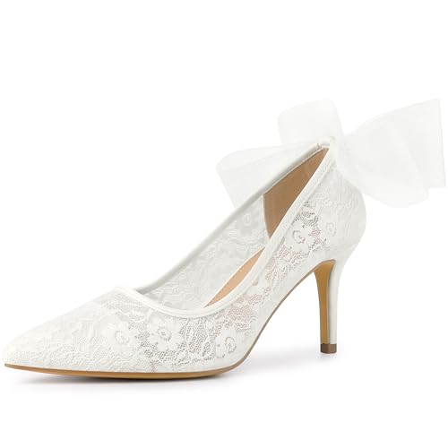 Perphy Pointed Toe Bow Bridal White Wedding Shoes White Lace Heels Pumps for Women 7 M US - Image 1