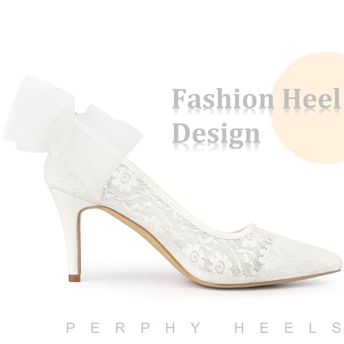 Perphy Pointed Toe Bow Bridal White Wedding Shoes White Lace Heels Pumps for Women 7 M US - Image 4