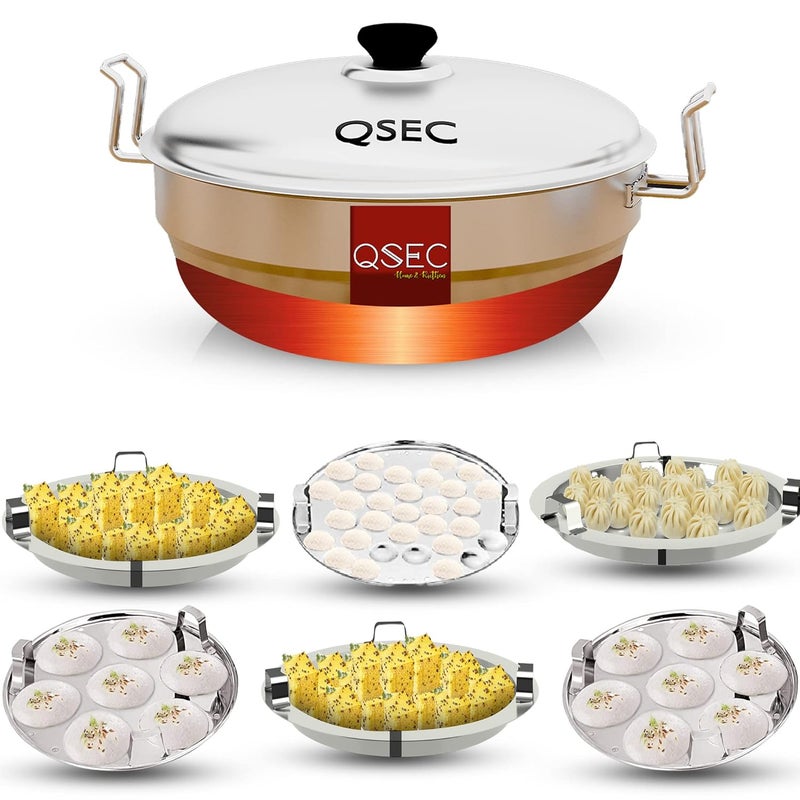 QSEC QSEC Stainless Steel Multi utility Kadai Idli Cooker Steamer with Copper Bottom All-in-One Big Size dhokla Cooker | 6 Plate 2 Idli | 1 mini idli 2 Dhokla 1 Patra Momo Steamer | 4 in 1 - idli Maker  - Image 1