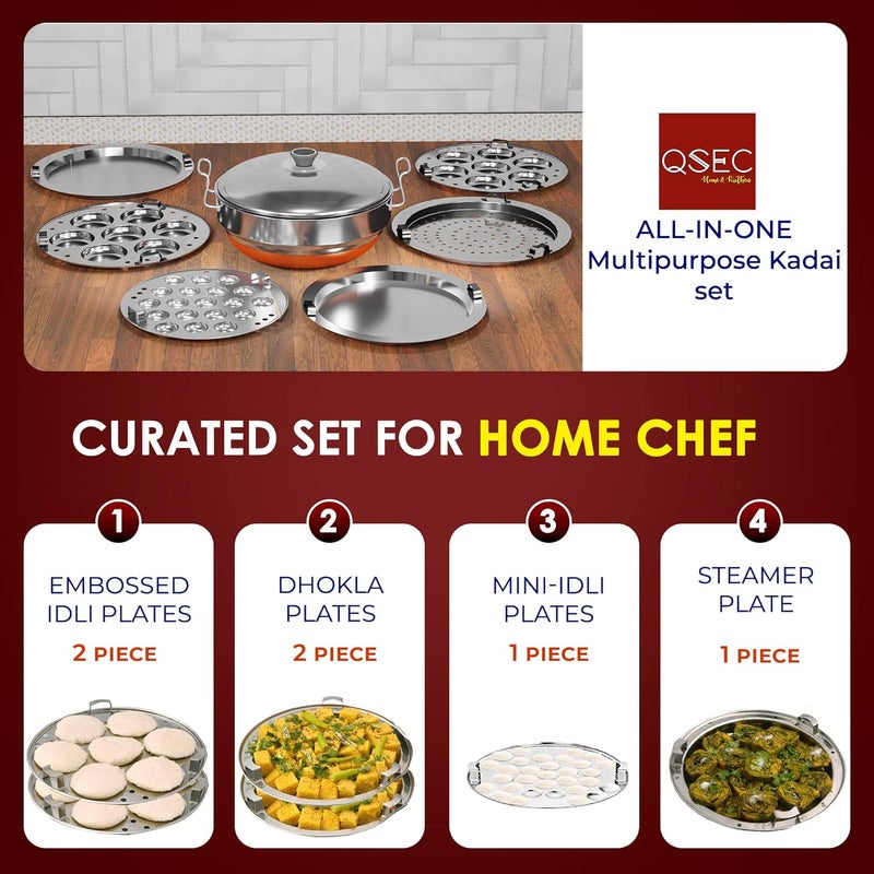 QSEC QSEC Stainless Steel Multi utility Kadai Idli Cooker Steamer with Copper Bottom All-in-One Big Size dhokla Cooker | 6 Plate 2 Idli | 1 mini idli 2 Dhokla 1 Patra Momo Steamer | 4 in 1 - idli Maker  - Image 2
