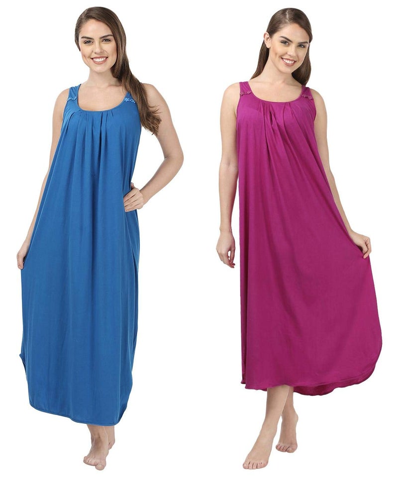 BLAZON Women's Cotton Calf Length Nighty Slip - Set Of 2 (Royal Blue And Vivid Violet), Multi Color - Image 1