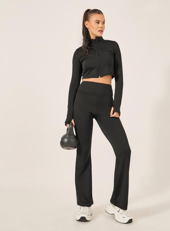 Styli Active Black Solid Crop Jacket and Leggings Set for Women - Image 1