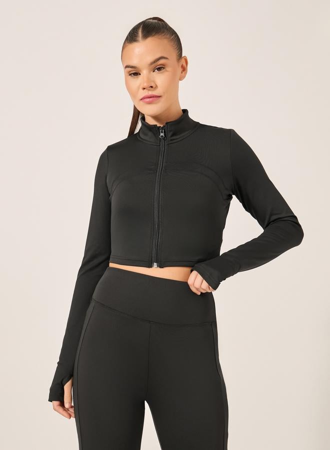 Styli Active Black Solid Crop Jacket and Leggings Set for Women - Image 2