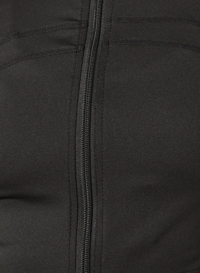 Styli Active Black Solid Crop Jacket and Leggings Set for Women