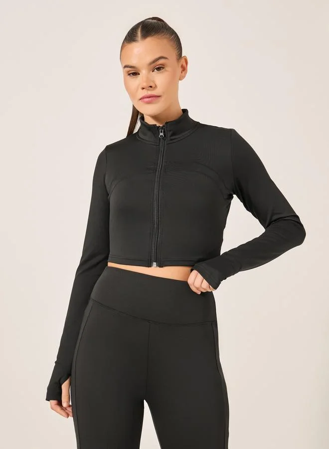 Styli Active Black Solid Crop Jacket and Leggings Set for Women