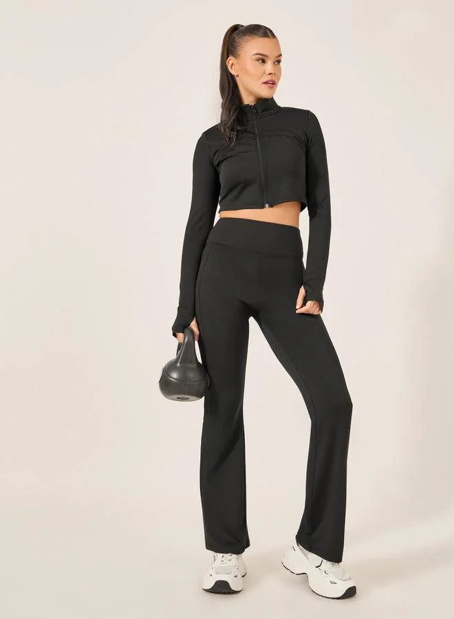 Styli Active Black Solid Crop Jacket and Leggings Set for Women