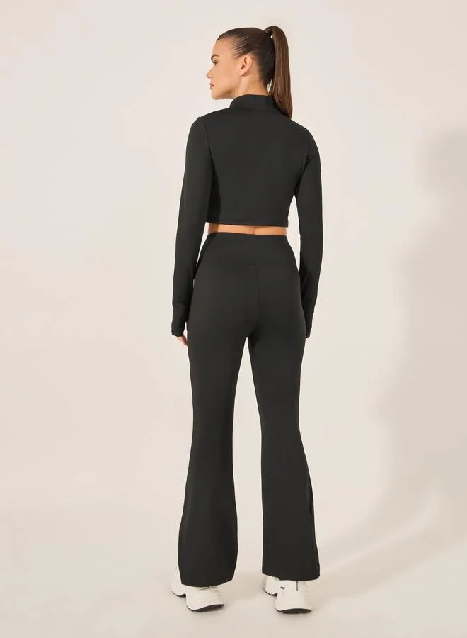 Styli Active Black Solid Crop Jacket and Leggings Set for Women