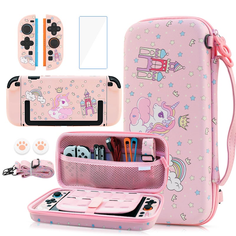 GLDRAM Pink Carrying Case for Nintendo Switch 2 Cute Girly Accessories Kit with Portable Travel Storage Bag Hard Shell Protective Cover Skin Screen Protector Shoulder Strap 2 Thumb Grips - Image 2