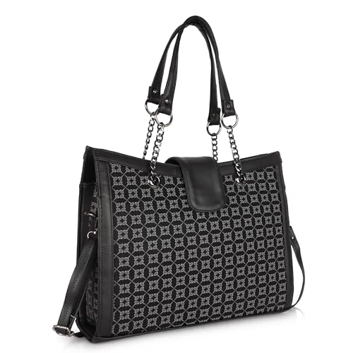 DANIEL CLARK Designer Handbag with Pattern Print, Brown Leather Trim, Chain Straps, Convertible Tote Shoulder Bag (Black) - Image 1