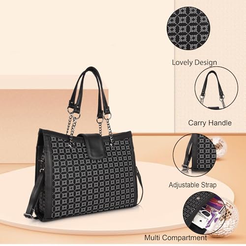 DANIEL CLARK Designer Handbag with Pattern Print, Brown Leather Trim, Chain Straps, Convertible Tote Shoulder Bag (Black) - Image 2