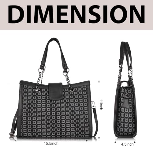 DANIEL CLARK Designer Handbag with Pattern Print, Brown Leather Trim, Chain Straps, Convertible Tote Shoulder Bag (Black) - Image 5