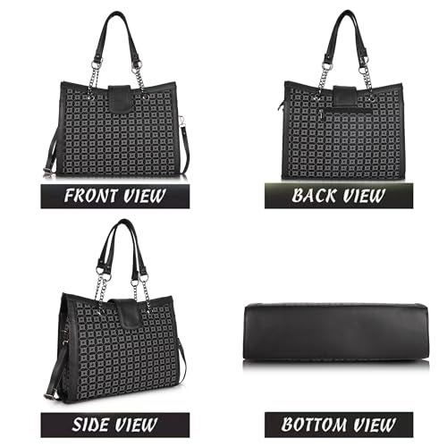 DANIEL CLARK Designer Handbag with Pattern Print, Brown Leather Trim, Chain Straps, Convertible Tote Shoulder Bag (Black) - Image 3