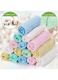 Breling 20 Pack Baby Muslin Washcloths Natural Muslin Cotton Baby Wipes Soft Newborn Baby Face Towel Absorbent Muslin Washcloth For Sensitive Skin Baby 12X12 Inches (Blue White Green Yellow Pink)  - Image 3