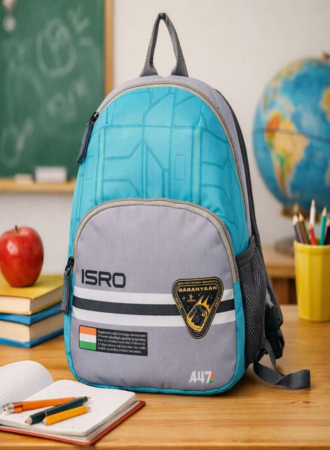 QIPS Kids ISRO Bag - 12 Inch School Backpack for Boys & Girls | Water-Resistant, Lightweight, Durable, Preschool & Tuition Bag, Travel & Picnic Ready |Turquoise blue and grey - Image 2