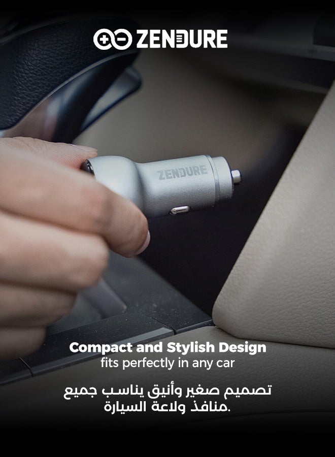 زينديور شاحن سيارة بقوة 48 واط سوبر درايڤ | شاحن سيارة بمنفذين (USB-C PD + USB-A QC3.0) | شحن سريع وآمن لأجهزة آيفون 12/13/14/15/16/17، جالكسي ، سامسونج، ايباد برو، و ايربودز، و أكثر أثناء القيادة | مؤشر ضوئي LED فضى - Image 2