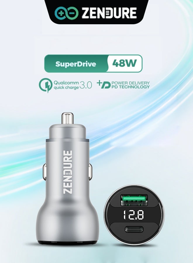زينديور شاحن سيارة بقوة 48 واط سوبر درايڤ | شاحن سيارة بمنفذين (USB-C PD + USB-A QC3.0) | شحن سريع وآمن لأجهزة آيفون 12/13/14/15/16/17، جالكسي ، سامسونج، ايباد برو، و ايربودز، و أكثر أثناء القيادة | مؤشر ضوئي LED فضى - Image 1