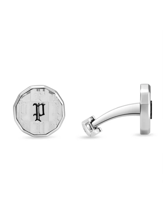 POLICE Plaid Silver Cufflinks with Black & White Monogram for Men
