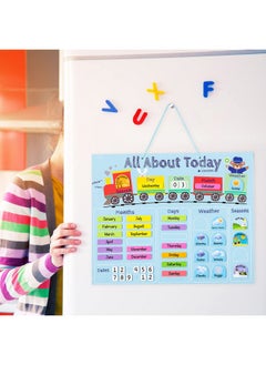 Navaris Kids Magnetic Calendar Daily Learning Sticker Magnet Chart With Weather Date Month Day Season For Children Blue Train Design English  - Image 2