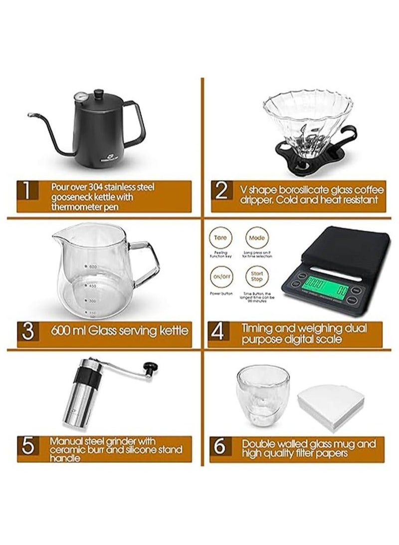 Denx V60 Coffee Kit | Pour Over Coffee Maker | Includes Coffee Scale, Glass Dripper, Hand Mill, Pour Pot, Paper Filter, and Double Mugs - Image 1
