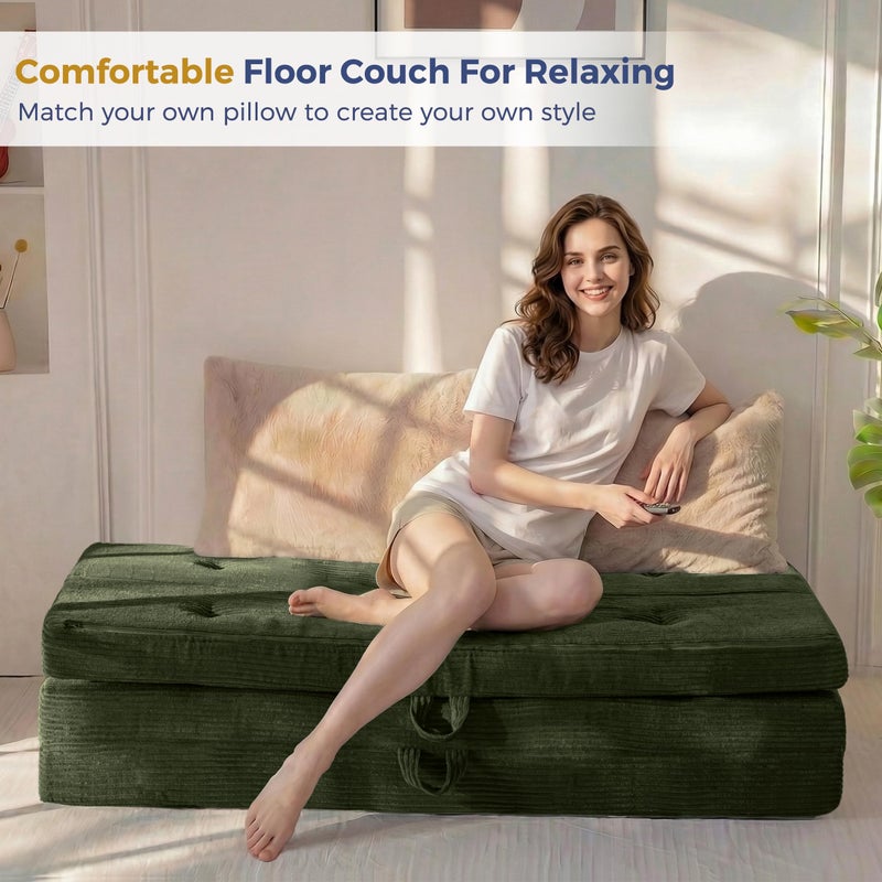 MAXYOYO Folding Mattress, 4 Inch Tufted Foldable Mattress Full Foam Bed, Tri-Fold Floor Couch with Handles Guest Bed Topper Portable Camping Mat with Corded Fabric, Twin Size, Dark Green - Image 4