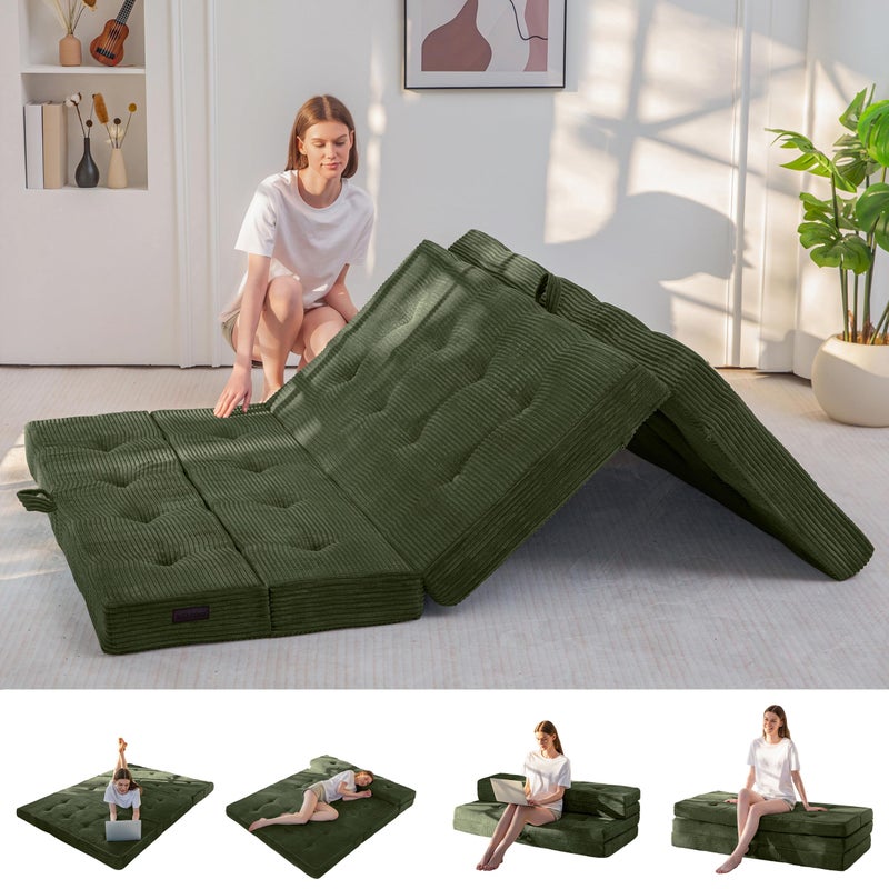 MAXYOYO Folding Mattress, 4 Inch Tufted Foldable Mattress Full Foam Bed, Tri-Fold Floor Couch with Handles Guest Bed Topper Portable Camping Mat with Corded Fabric, Twin Size, Dark Green - Image 1