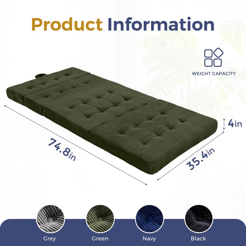 MAXYOYO Folding Mattress, 4 Inch Tufted Foldable Mattress Full Foam Bed, Tri-Fold Floor Couch with Handles Guest Bed Topper Portable Camping Mat with Corded Fabric, Twin Size, Dark Green - Image 2