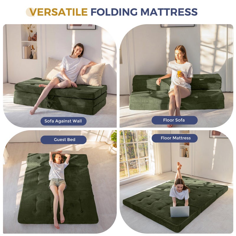 MAXYOYO Folding Mattress, 4 Inch Tufted Foldable Mattress Full Foam Bed, Tri-Fold Floor Couch with Handles Guest Bed Topper Portable Camping Mat with Corded Fabric, Twin Size, Dark Green - Image 3