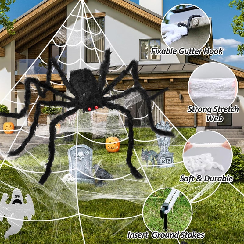 ORWINE 3pcs Halloween Spider Web with Giant Spider Decorations for Indoor and Outdoor - Image 3