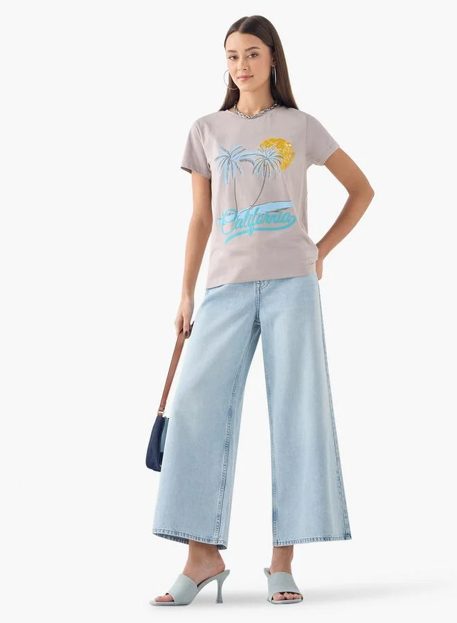 سبلاش فيڤ تيشيرت بياقة مستديرة مزخرف بأكمام قصيرة