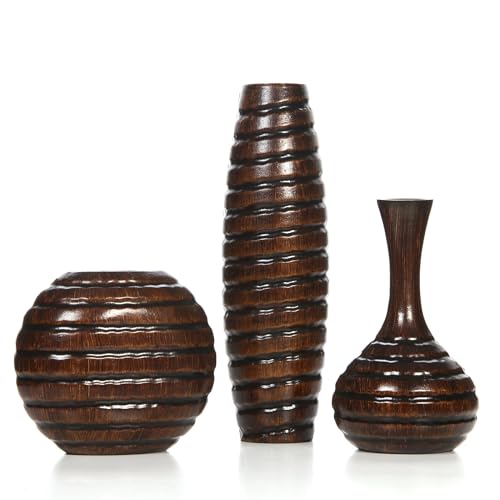 Hosley's Set of 3 Carved Wood Vases Small 6" Medium 8" and Tall 12" High. Ideal Gift for Floral Arrangements Wedding and Use for Home Office Decor Fireplace Floor Vases Spa Aromatherapy Settings - Image 1