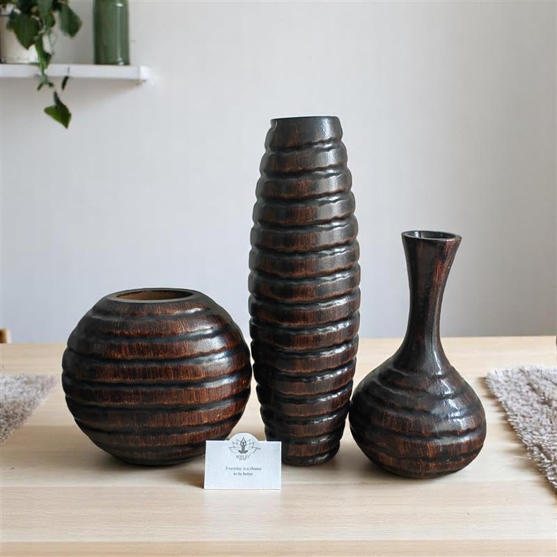 Hosley's Set of 3 Carved Wood Vases Small 6" Medium 8" and Tall 12" High. Ideal Gift for Floral Arrangements Wedding and Use for Home Office Decor Fireplace Floor Vases Spa Aromatherapy Settings - Image 5
