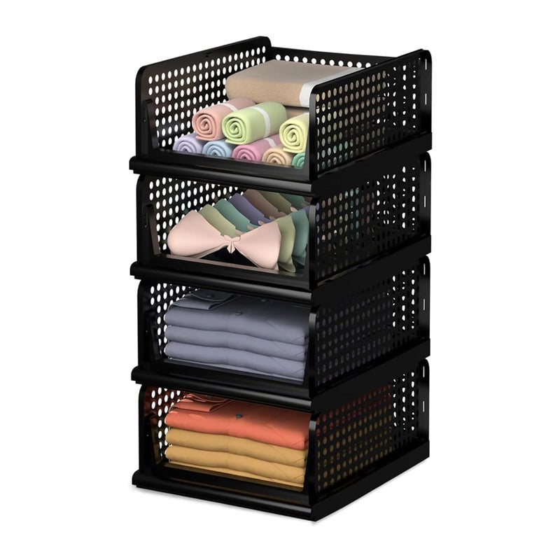 Kuber Industries Pack of 4 Storage Organizer Plastic Shirt Stacker Foldable Wardrobe Organizer for Clothes Cupboard Organizer for Books Cloth Toys Black - Image 1