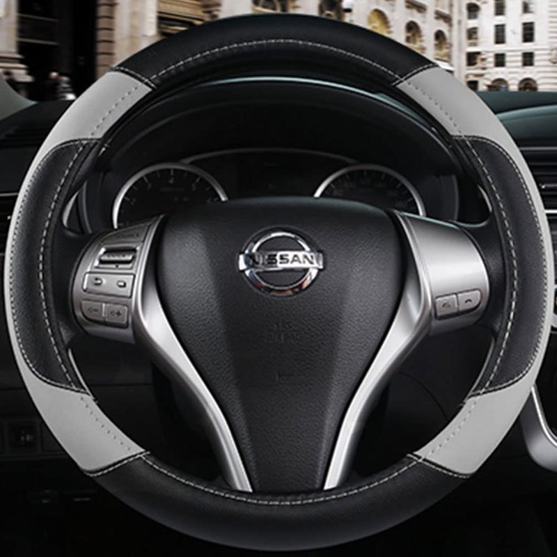 szttswamp Leather Car Steering Wheel Cover, Non-Slip Car Wheel Cover Protector Breathable Microfiber Leather Universal Fit for Most Cars(Grey) - Image 4