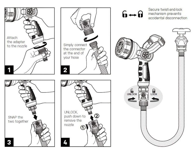 Eden 96806 Heavy-Duty Metal Fireman Hose Nozzle | 7 Spray Patterns, High-Pressure Garden Sprayer with Quick Connect Set & Bonus Washers - Image 4