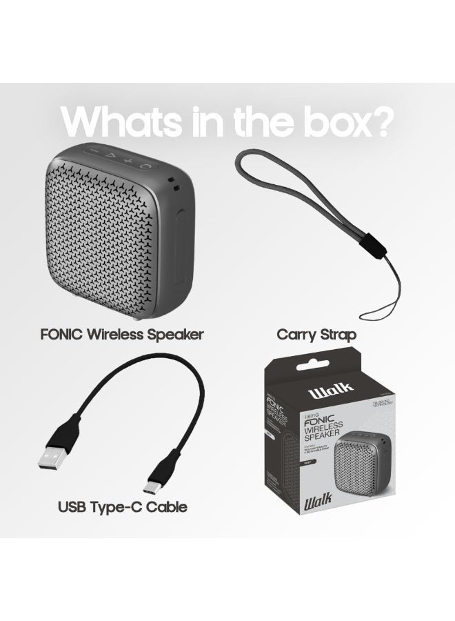 Walk Audio Fonic Wireless Speaker (Grey) | Portable Wireless Speaker, Built-In Mic, IPX4 Waterproof, TWS Stereo Pairing, 5W Output, USB-C Charging, 4-5hr Playtime - Image 2