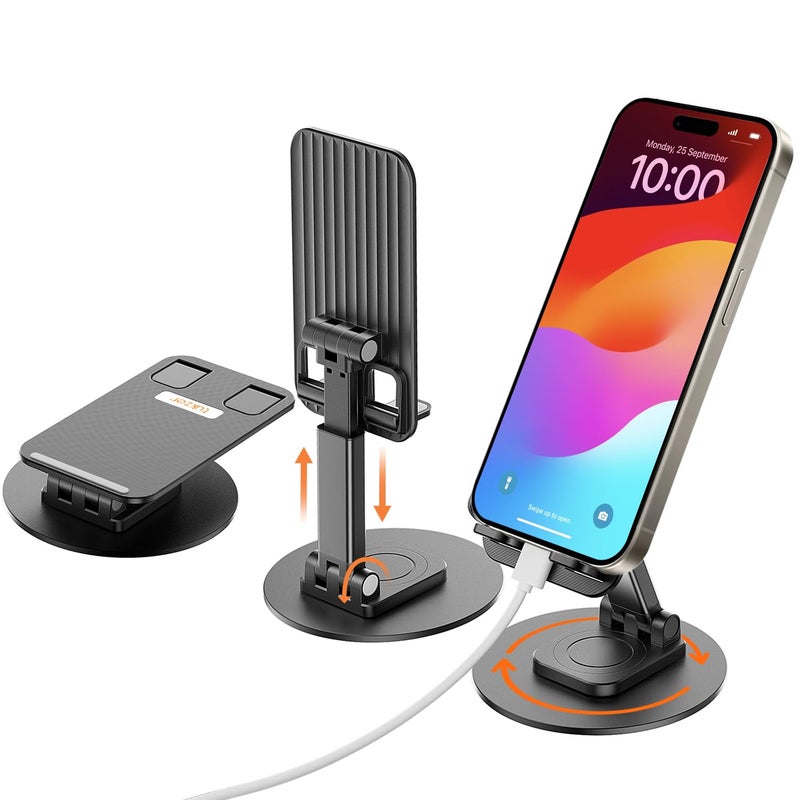 tuKZer Foldable Tablet Stand Mobile Holder with 360° Swivel Base| Multilevel Angle & Height Adjustment|Solid Structure, Sturdy & Heavy Metal Base| for Up to 12 Inch Screen Devices, iPad iPhone (Black) - Image 1