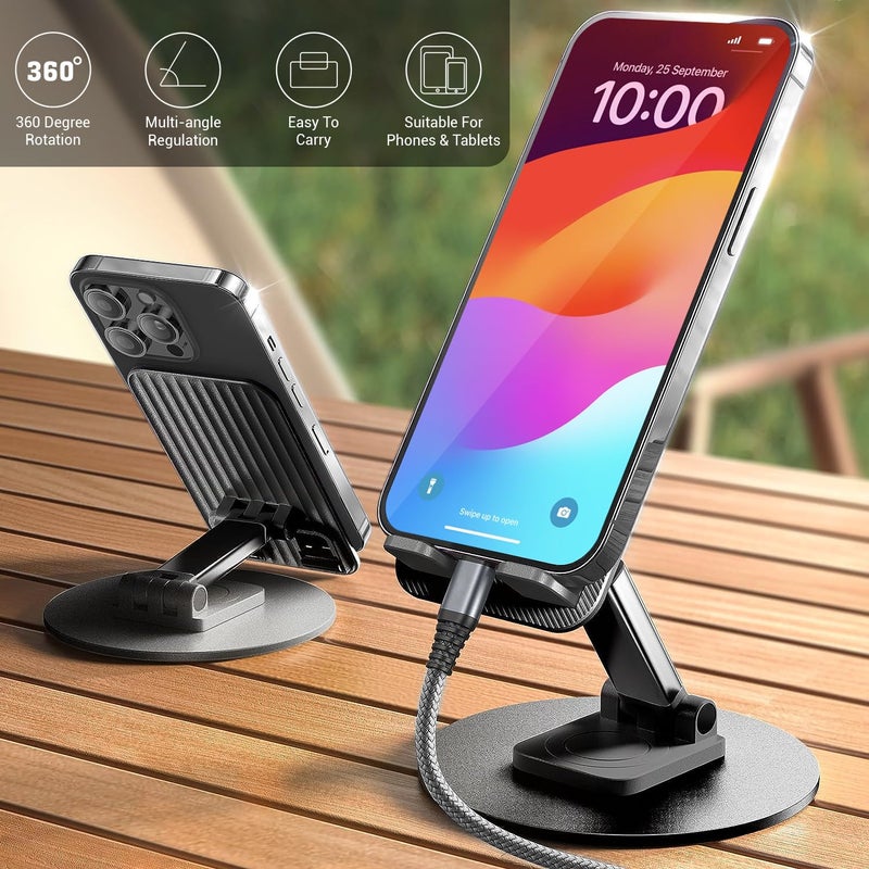 tuKZer Foldable Tablet Stand Mobile Holder with 360° Swivel Base| Multilevel Angle & Height Adjustment|Solid Structure, Sturdy & Heavy Metal Base| for Up to 12 Inch Screen Devices, iPad iPhone (Black) - Image 2