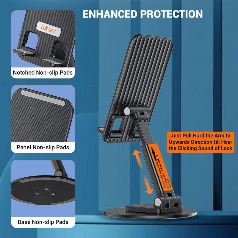 tuKZer Foldable Tablet Stand Mobile Holder with 360° Swivel Base| Multilevel Angle & Height Adjustment|Solid Structure, Sturdy & Heavy Metal Base| for Up to 12 Inch Screen Devices, iPad iPhone (Black) - Image 4