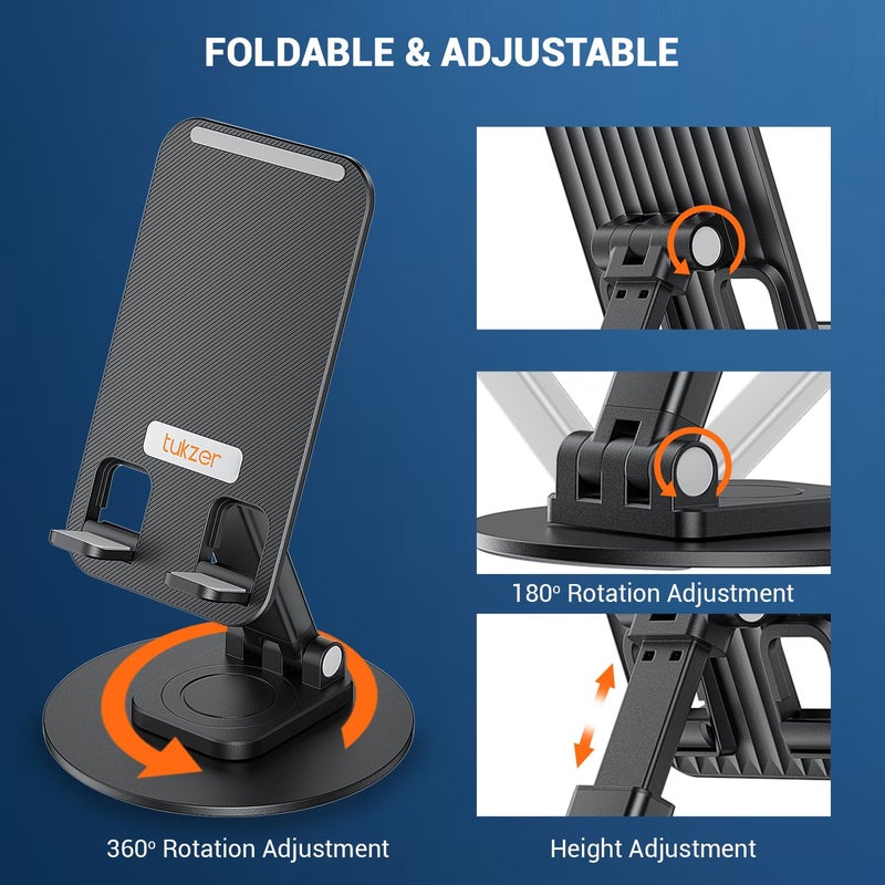 tuKZer Foldable Tablet Stand Mobile Holder with 360° Swivel Base| Multilevel Angle & Height Adjustment|Solid Structure, Sturdy & Heavy Metal Base| for Up to 12 Inch Screen Devices, iPad iPhone (Black) - Image 3