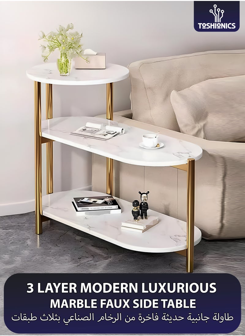 Toshionics - 3 Tier Modern Luxurious Marble Faux Side Table Simple Modern Italian Style Design Home Furniture Nordic Style Minimalist Coffee Accent End Table for Home Living Room Office Lounge Spa and Salon Hotel Reception Area Space-Saving Desk Coffee Snack Tea Table - Image 1