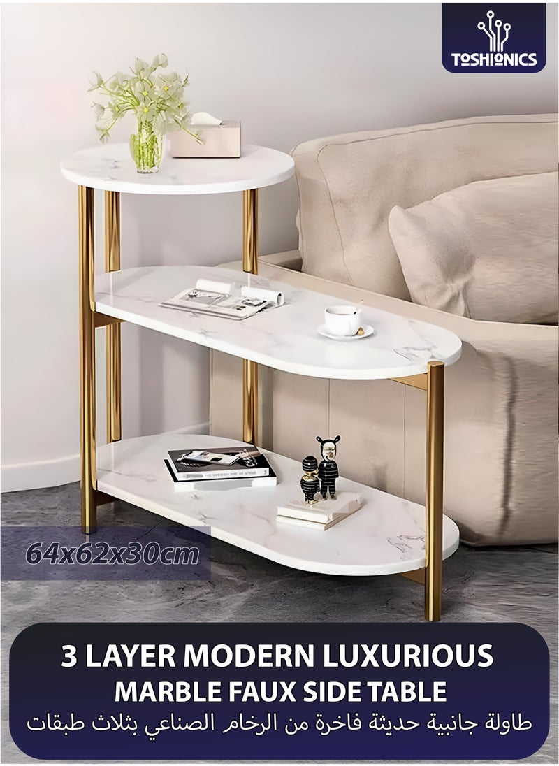 Toshionics 3 Tier Modern Luxurious Marble Faux Side Table with Gold Metal Legs  Simple Modern Italian Style Design Home Furniture Nordic Style Minimalist Coffee Accent End Table for Home Living Room Office Lounge Spa and Salon Hotel Reception Area Space-Saving Desk Coffee Snack Tea Table 64x62x30cm  - Image 1