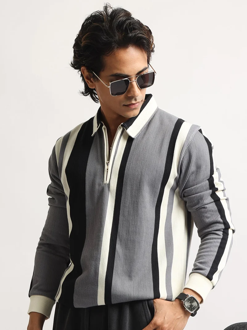 مانياك Maniac Mens Vertical Stripe HighStreet Polo Neck Full Sleeve Cream and Grey Corduroy Polo T-Shirt